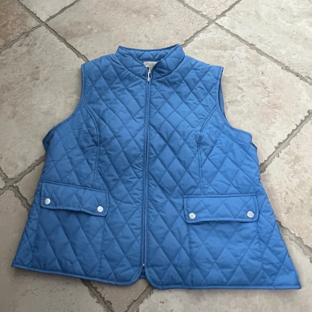 Appleseeds Petites‎ Blue Quilted Vest Mock Neck Full Zip Pockets PXL
